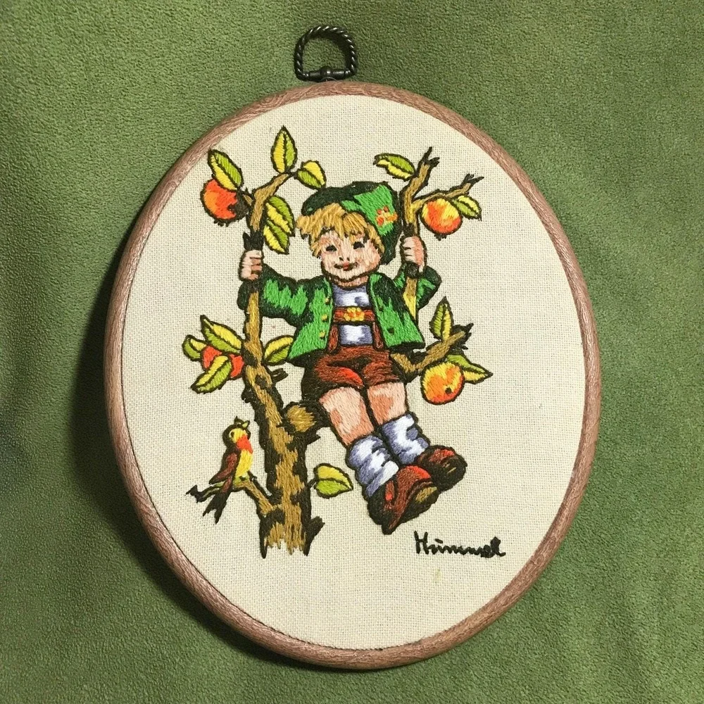 Hummel Boy in Tree Bird Needlework Framed Picture 70s Vintage